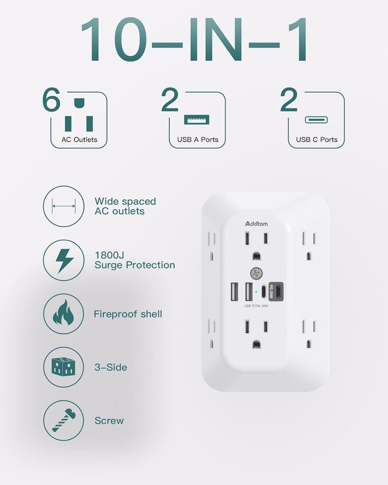 Addtam Surge Protector Outlet Extender, 6-Outlet Splitter with 4 USB Wall Charger(PD 20W), Multi Plug Wall Outlet 1800J Power Strip for Home Office Dorm Room Essentials - Image 2
